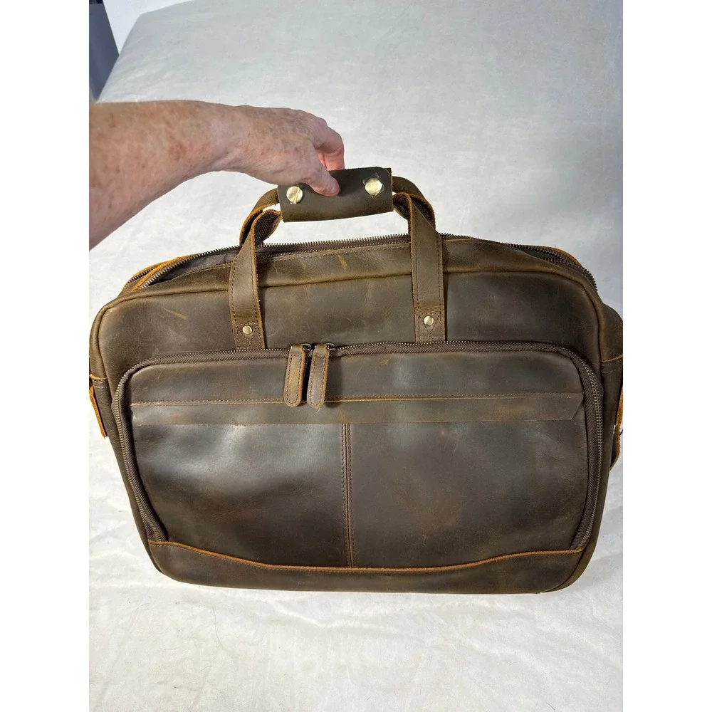 Mens Distressed Leather Briefcase Laptop Messenger Bag Dark Brown Professional
